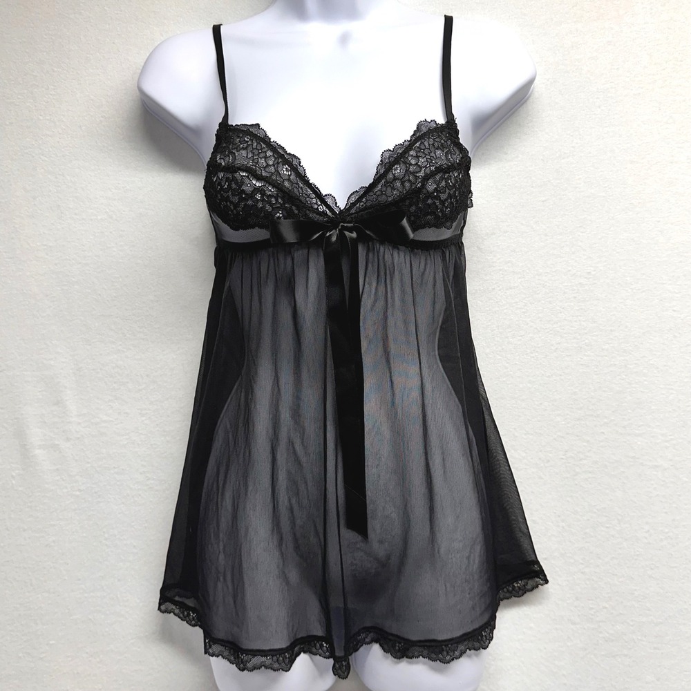 Victoria's Secret Babydoll Cami Tank Top Women XS Black Lace Mesh Sheer Bow Sexy